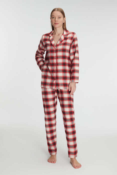 Anıl Kadın Pamuklu Uzun Kollu Kare Desenli Gömlek ve Pantolon Takım – Kışlık Pijama Takımı 11238 - 4