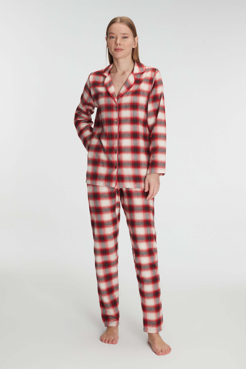 Anıl Kadın Pamuklu Uzun Kollu Kare Desenli Gömlek ve Pantolon Takım – Kışlık Pijama Takımı 11238 - 4