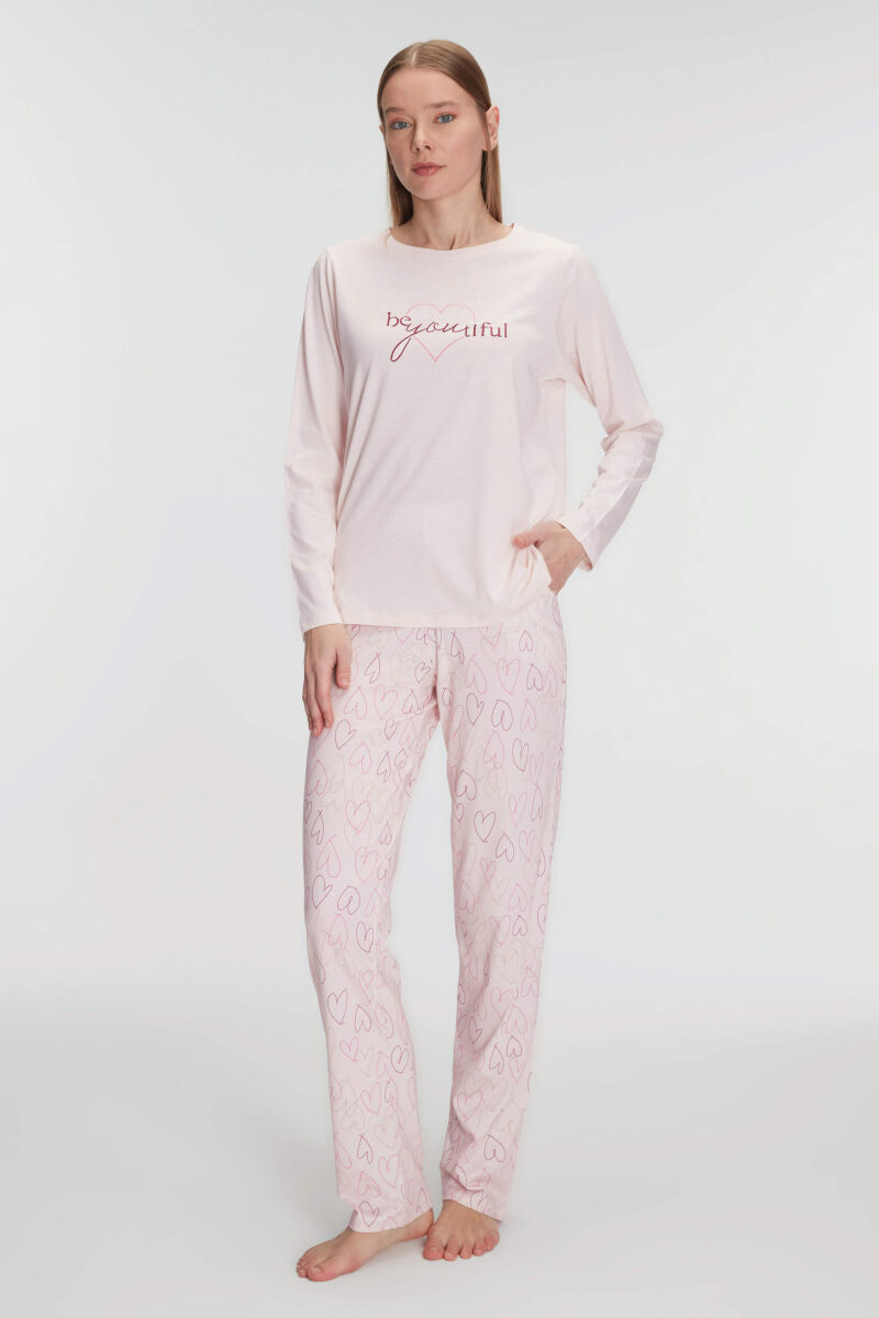 Anıl 11289 Kadın Uzun Kollu Modal Pamuklu Kalpli Toz Pembe Pijama Takımı - 3