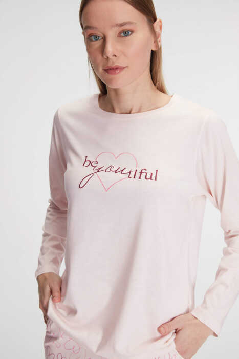 Anıl 11289 Kadın Uzun Kollu Modal Pamuklu Kalpli Toz Pembe Pijama Takımı - 4