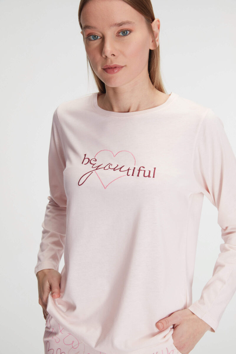 Anıl 11289 Kadın Uzun Kollu Modal Pamuklu Kalpli Toz Pembe Pijama Takımı - 4