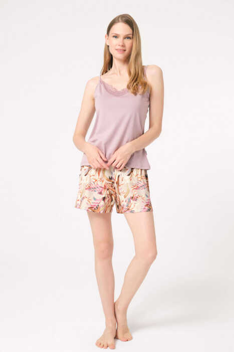Anıl 9839 İp Askılı V Yaka Modal Çiçek Desenli Kışlık Örme Normal Bel Dantel Detaylı Pijama Takımı - 3