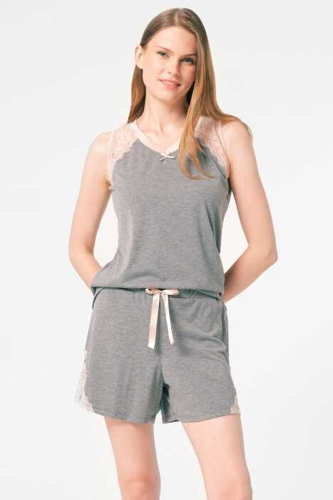 Anıl 9856 kolsuz sıfır kol V Yaka Viskon düz Kışlık Örme Normal Bel Dantel Detaylı Pijama Takımı - 5