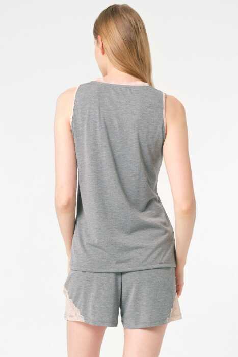 Anıl 9856 kolsuz sıfır kol V Yaka Viskon düz Kışlık Örme Normal Bel Dantel Detaylı Pijama Takımı - 6