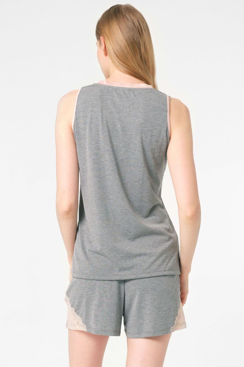 Anıl 9856 kolsuz sıfır kol V Yaka Viskon düz Kışlık Örme Normal Bel Dantel Detaylı Pijama Takımı - 6