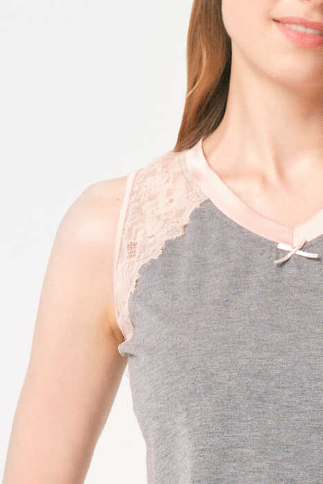Anıl 9856 kolsuz sıfır kol V Yaka Viskon düz Kışlık Örme Normal Bel Dantel Detaylı Pijama Takımı - 7