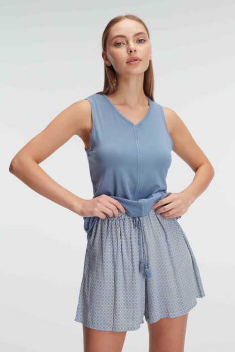 Anıl 9924 Kolsuz Sıfır Kol V Yaka Kadın Viskon Geometrik Yazlık Mini Şerit Detaylı Pijama Takımı - 5