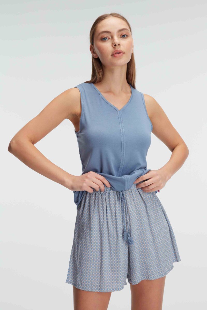 Anıl 9924 Kolsuz Sıfır Kol V Yaka Kadın Viskon Geometrik Yazlık Mini Şerit Detaylı Pijama Takımı - 5