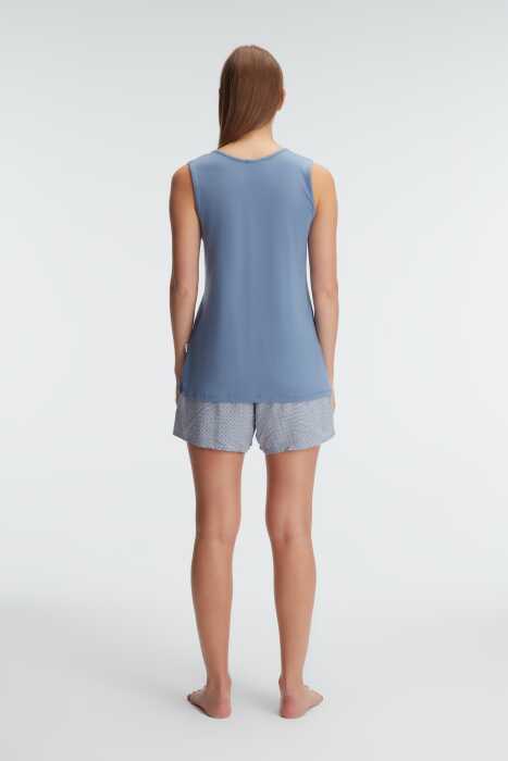 Anıl 9924 Kolsuz Sıfır Kol V Yaka Kadın Viskon Geometrik Yazlık Mini Şerit Detaylı Pijama Takımı - 6