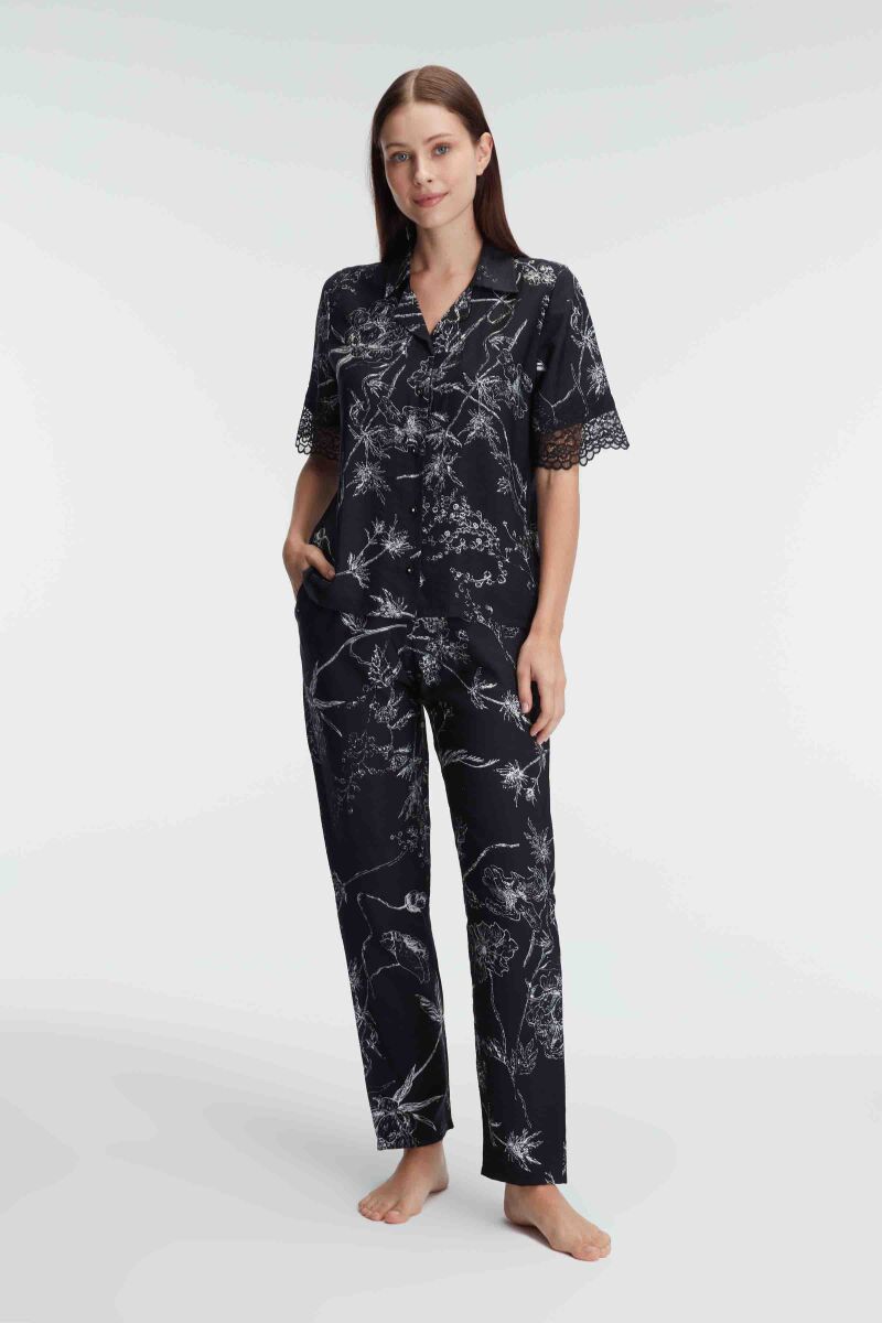 Anıl 9895 Yarım Kollu V Yaka Kadın Viskon Çiçek Desenli Yazlık Dokuma Dantel Detaylı Pijama Takımı - 4