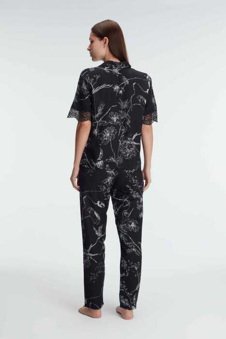 Anıl 9895 Yarım Kollu V Yaka Kadın Viskon Çiçek Desenli Yazlık Dokuma Dantel Detaylı Pijama Takımı - 6