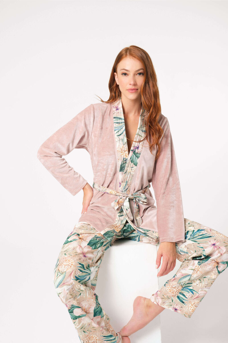 Anıl 5802 Uzun Kol V Yaka Viskon Çiçek Desenli Kışlık Örme Normal Bel Bağlamalı Pijama Takımı - 3