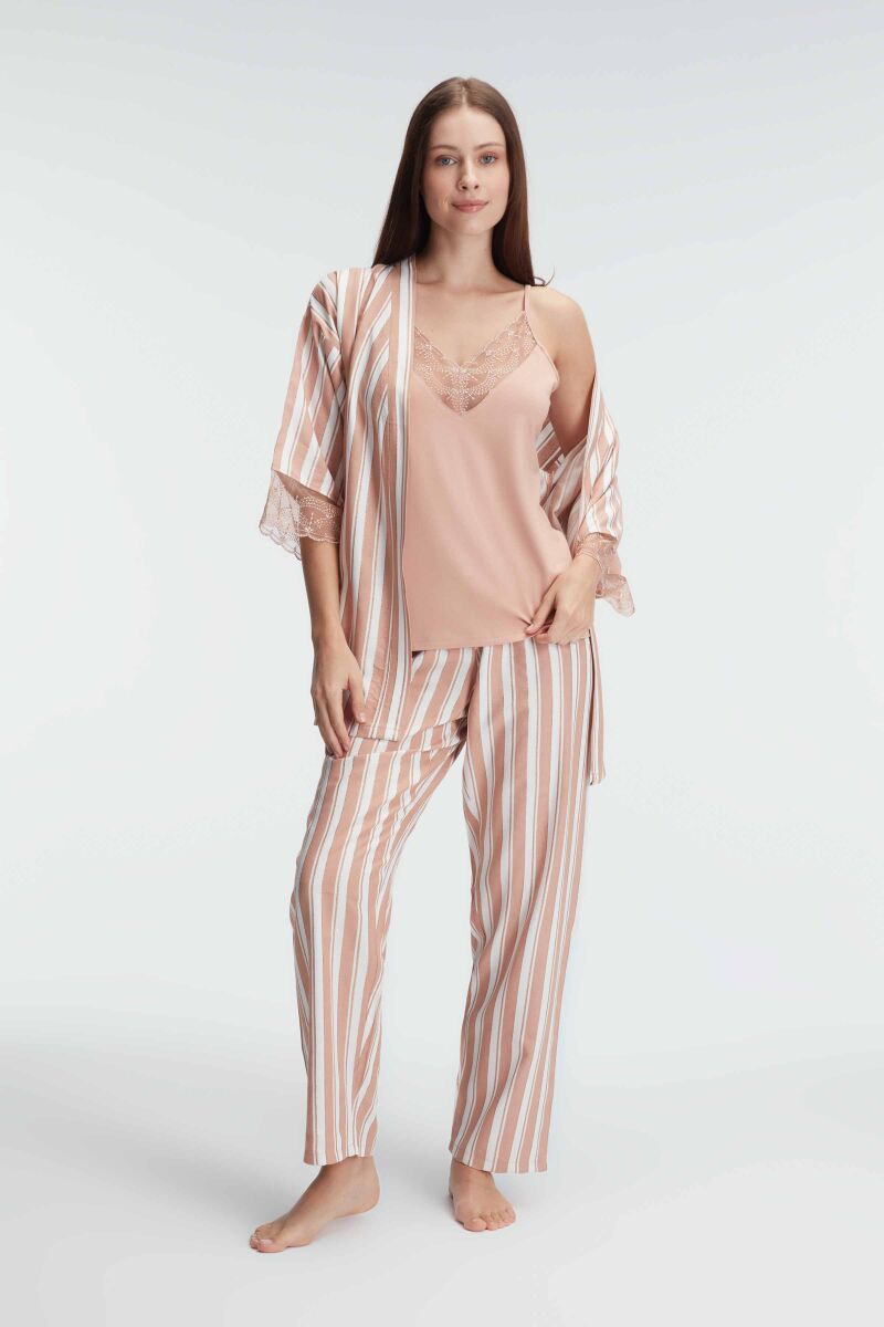 Anıl 5821 İp Askılı V Yaka Kadın Viskon Çizgili Desenli Yazlık Örme Pijama Takımı Sabahlık - 5
