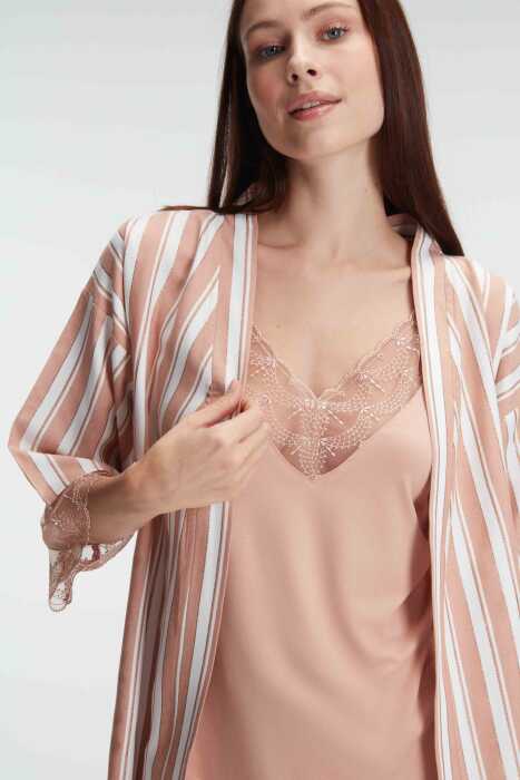 Anıl 5821 İp Askılı V Yaka Kadın Viskon Çizgili Desenli Yazlık Örme Pijama Takımı Sabahlık - 9