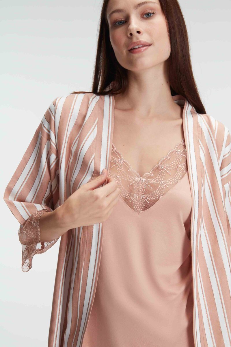 Anıl 5821 İp Askılı V Yaka Kadın Viskon Çizgili Desenli Yazlık Örme Pijama Takımı Sabahlık - 10