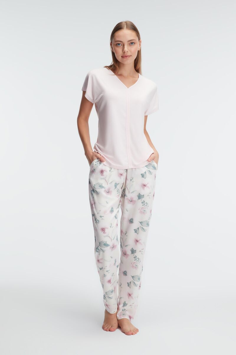 Anıl 9868 Ev Giyimi Kısa Kol V Yaka Kadın Viskon Çiçek Desenli Yazlık Örme Normal Bel Pijama Takımı - 5