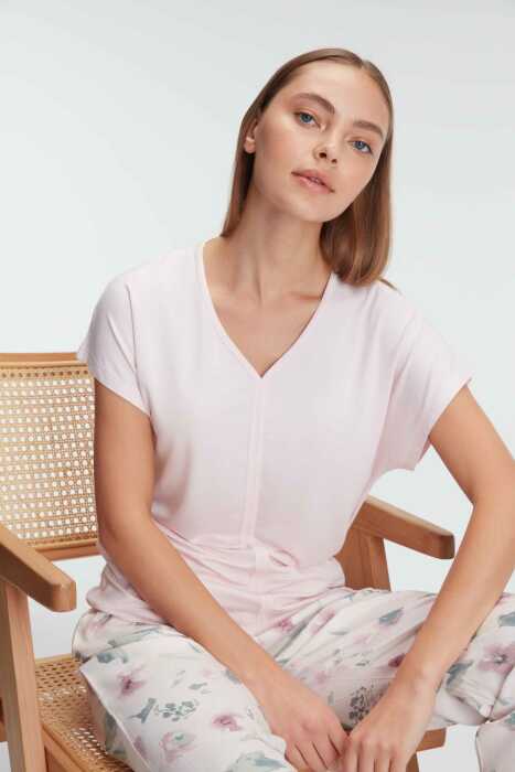 Anıl 9868 Ev Giyimi Kısa Kol V Yaka Kadın Viskon Çiçek Desenli Yazlık Örme Normal Bel Pijama Takımı - 7