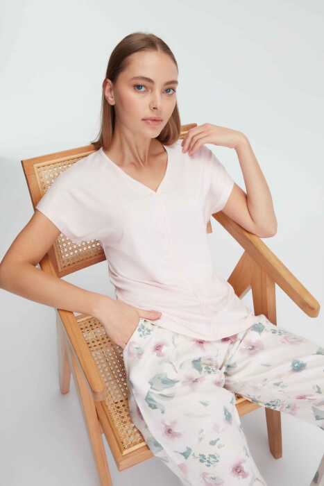 Anıl 9868 Ev Giyimi Kısa Kol V Yaka Kadın Viskon Çiçek Desenli Yazlık Örme Normal Bel Pijama Takımı - 8