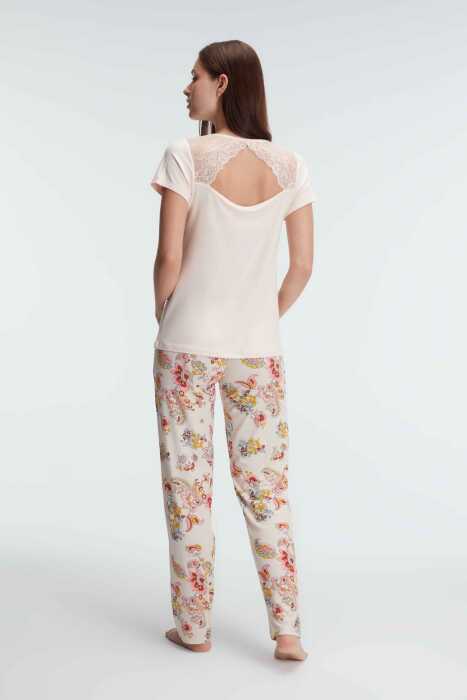 Anıl 9878 Kısa Kol Bisiklet Yaka Kadın Viskon Çiçek Desenli Yazlık Örme Dantel Detaylı Pijama Takımı - 6