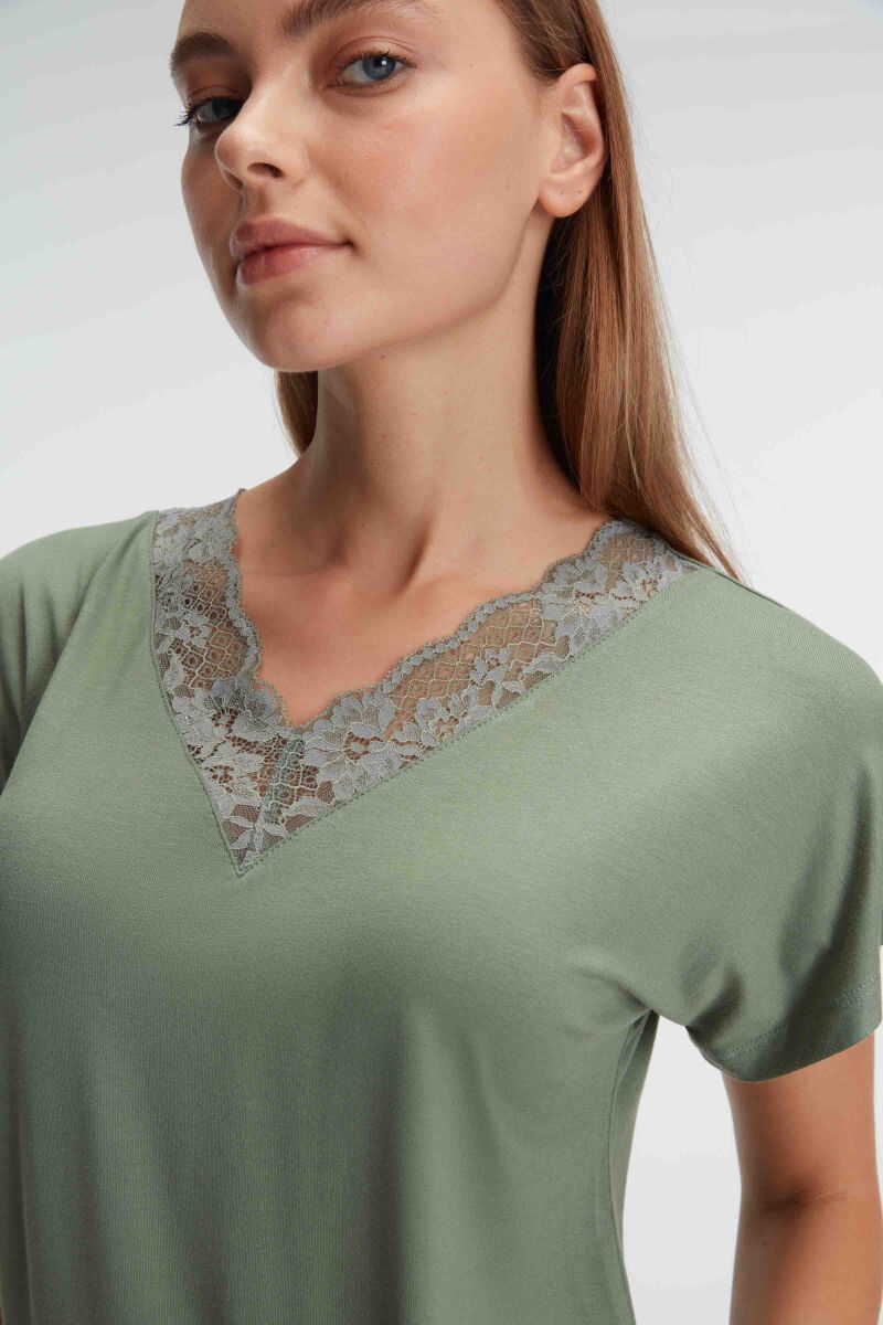 Anıl 9880 Kısa Kol V Yaka Kadın Viskon Çiçek Desenli Yazlık Örme Dantel Detaylı Pijama Takımı - 5