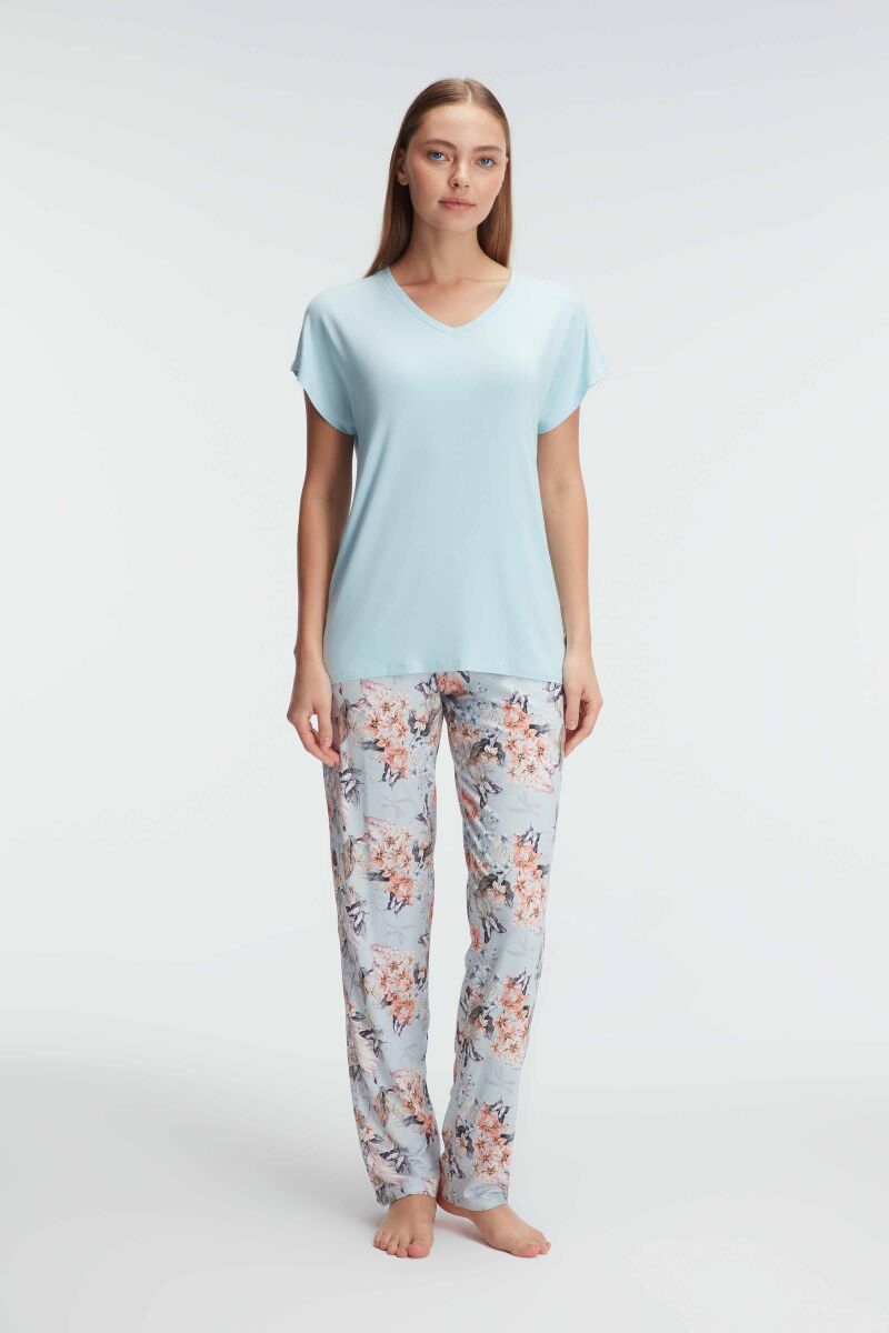 Anıl 9889 Kısa Kol V Yaka Kadın Viskon Çiçek Desenli Yazlık Örme Dantel Detaylı Pijama Takımı - 4