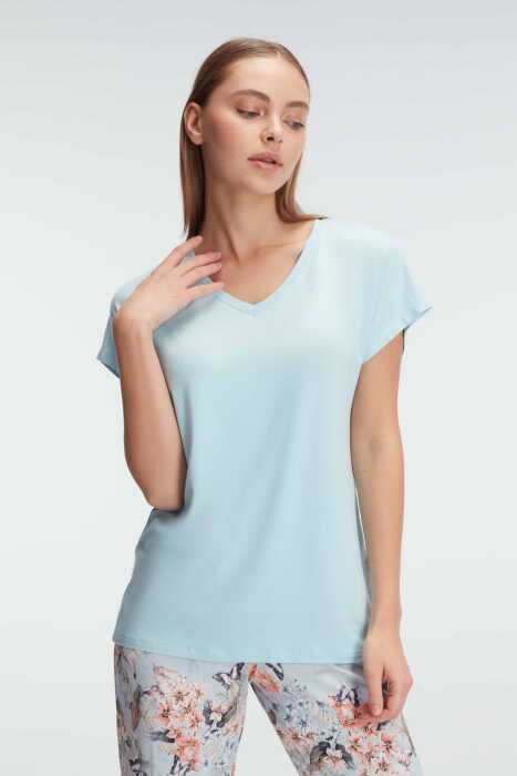 Anıl 9889 Kısa Kol V Yaka Kadın Viskon Çiçek Desenli Yazlık Örme Dantel Detaylı Pijama Takımı - 5