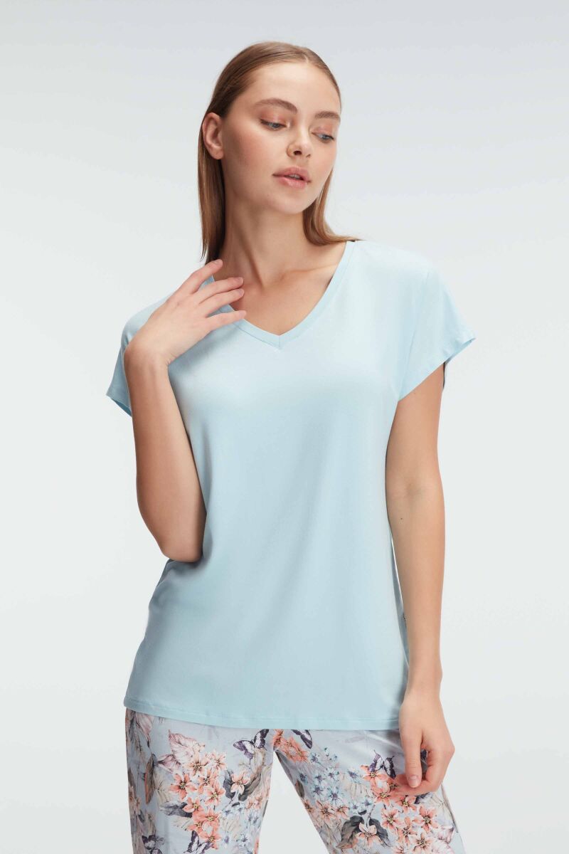 Anıl 9889 Kısa Kol V Yaka Kadın Viskon Çiçek Desenli Yazlık Örme Dantel Detaylı Pijama Takımı - 5