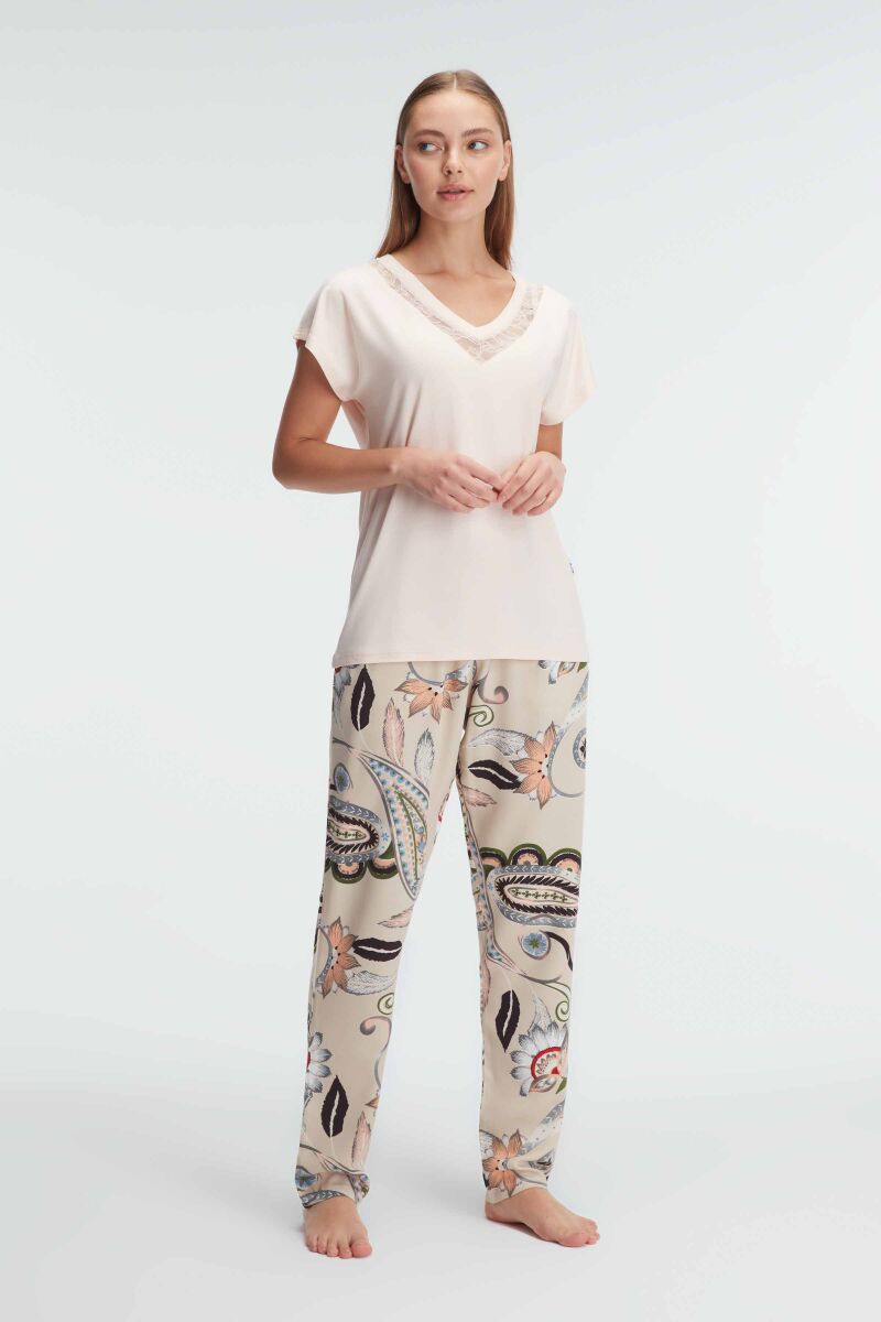 Anıl 9899 Kısa Kol V Yaka Kadın Viskon Çiçek Desenli Yazlık Örme Dantel Detaylı Pijama Takımı - 4