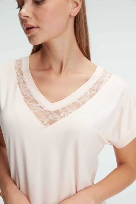 Anıl 9899 Kısa Kol V Yaka Kadın Viskon Çiçek Desenli Yazlık Örme Dantel Detaylı Pijama Takımı - 6