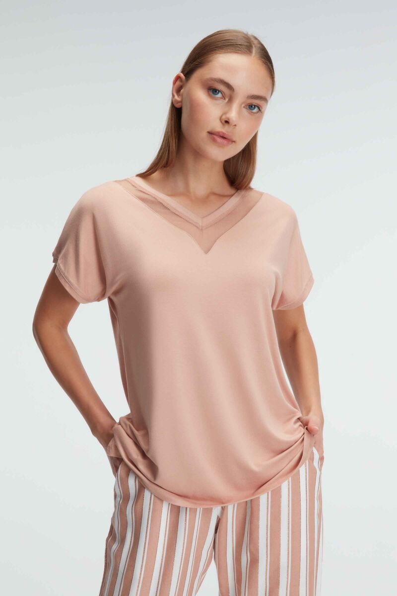 Anıl 9901 Kısa Kol V Yaka Kadın Viskon Çizgili Yazlık Dokuma Transparan Tül Detaylı Pijama Takımı - 5