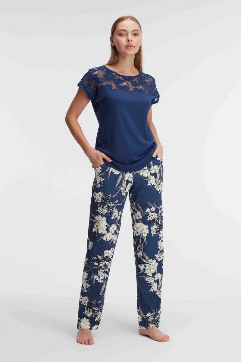 Anıl 9910 KISA KOL BİSİKLET YAKA Kadın VİSKON ÇİÇEK DESENLİ YAZLIK ÖRME Dantel Detaylı Pijama Takımı - 4