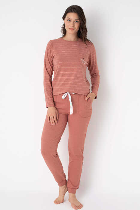 Anıl 9859 Uzun Kol Bisiklet Yaka cotton çizgili Kışlık Örme Normal Bel Pijama Takımı - 9