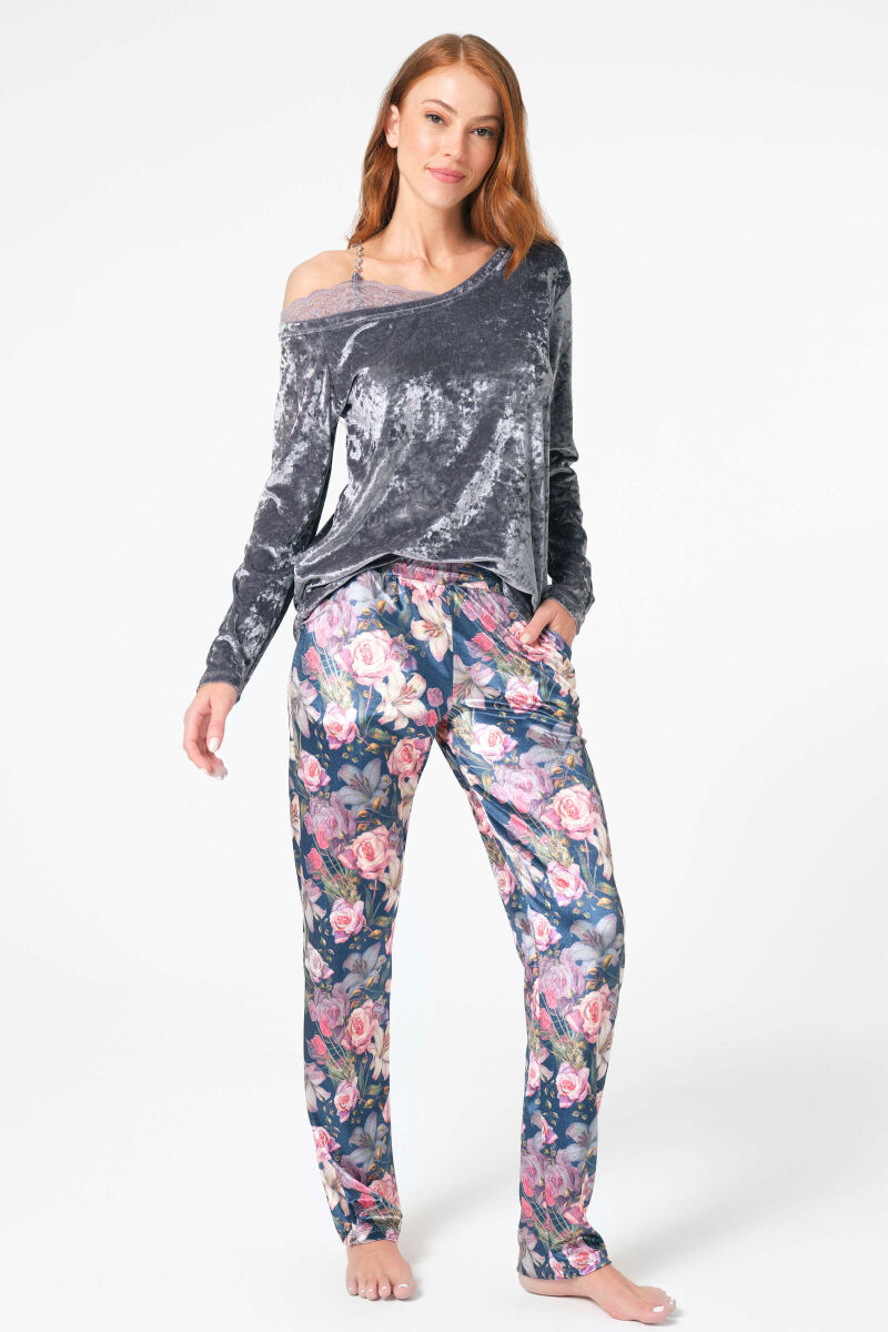 Anıl 9863 Uzun Kol Bisiklet Yaka Polyester Elastan Çiçek Desenli kışlık örme normal bel dantel detaylı Pijama Takımı - 3