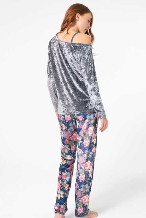 Anıl 9863 Uzun Kol Bisiklet Yaka Polyester Elastan Çiçek Desenli kışlık örme normal bel dantel detaylı Pijama Takımı - 4