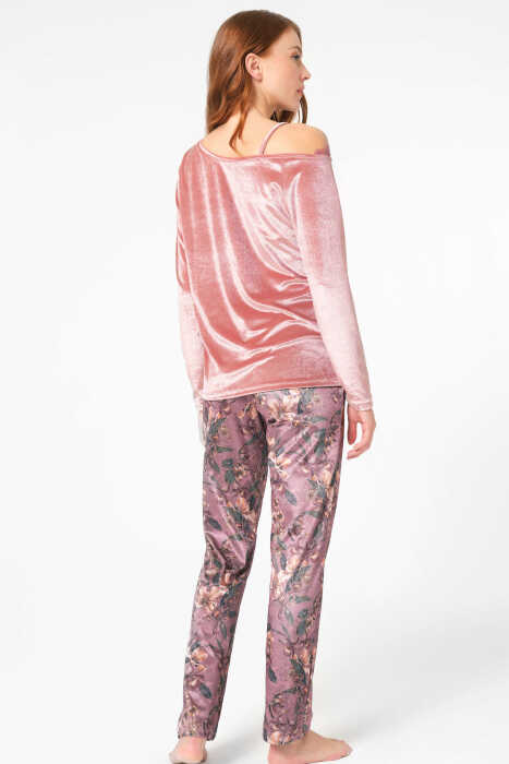 Anıl 9864 Uzun Kol Bisiklet Yaka Polyester Elastan Çiçek Desenli kışlık örme normal bel dantel detaylı Pijama Altı - 2