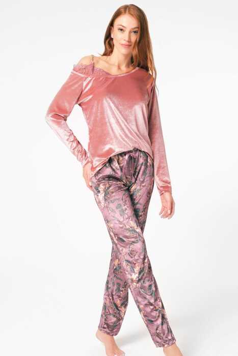 Anıl 9864 Uzun Kol Bisiklet Yaka Polyester Elastan Çiçek Desenli kışlık örme normal bel dantel detaylı Pijama Altı - 3