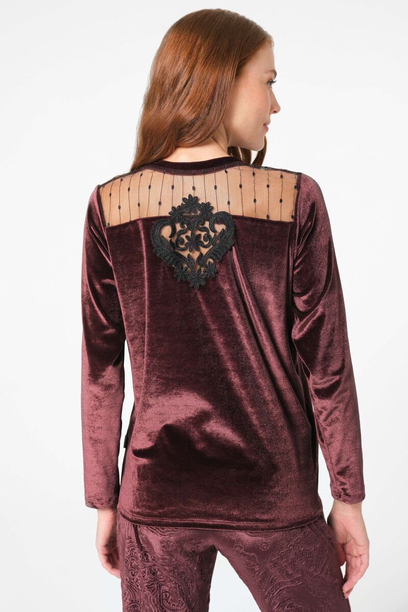Anıl 9865 Uzun Kol Bisiklet Yaka Kadife Jakar Desenli Kışlık örme normal bel Transparan Tül Detaylı Pijama Takımı - 4