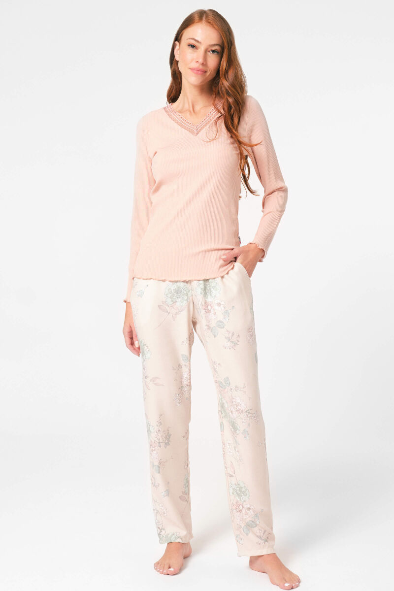 Anıl 9844 Uzun Kol V Yaka Viskon Çiçek Desenli Kışlık Örme Normal Bel Dantel Detaylı Pijama Takımı - 3
