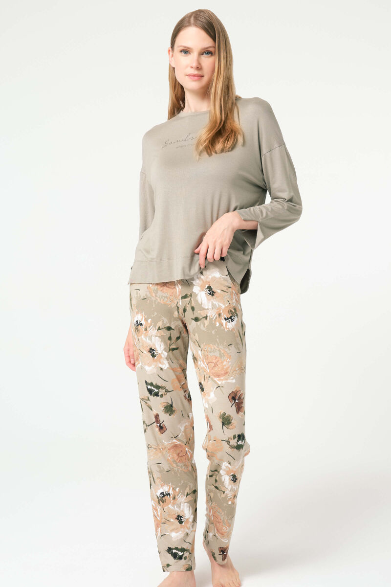 Anıl 9849 Uzun Kol Bisiklet Yaka Viskon Çiçek Desenli Kışlık Örme Normal Bel Pijama Takımı - 5
