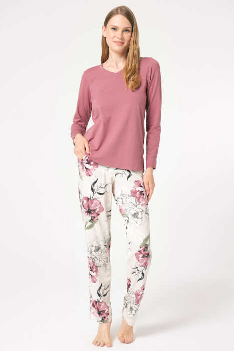 Anıl 9853 Uzun Kol V Yaka Bamboo Çiçek Desenli Kışlık Örme Normal Bel Transparan Tül Detaylı Pijama Takımı - 3