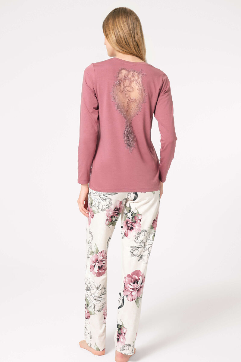 Anıl 9853 Uzun Kol V Yaka Bamboo Çiçek Desenli Kışlık Örme Normal Bel Transparan Tül Detaylı Pijama Takımı - 4