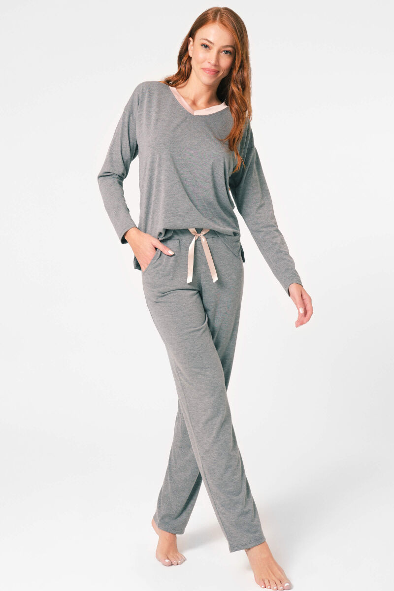Anıl 9855 Uzun Kol V Yaka Viskon düz Kışlık Örme Normal Bel Dantel Detaylı Pijama Takımı - 6