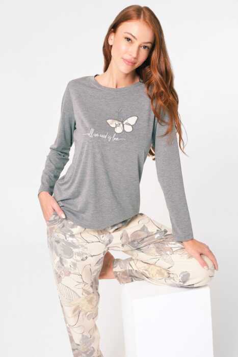 Anıl 9857 Uzun Kol Bisiklet Yaka Viskon Çiçek Desenli Kışlık Örme Normal Bel Nakış Detaylı Pijama Takımı - 4