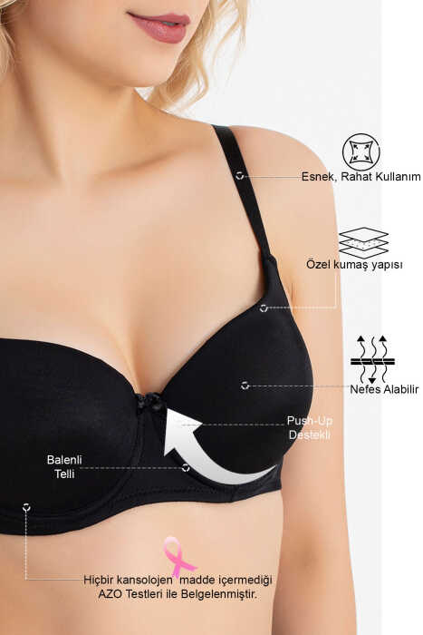 Dolgulu Sütyen Kadın Siyah Push up Balenli Süngerli Günlük Sporcu Kullanım Destekli Basic T-Shirt Sütyeni 3783 - 9