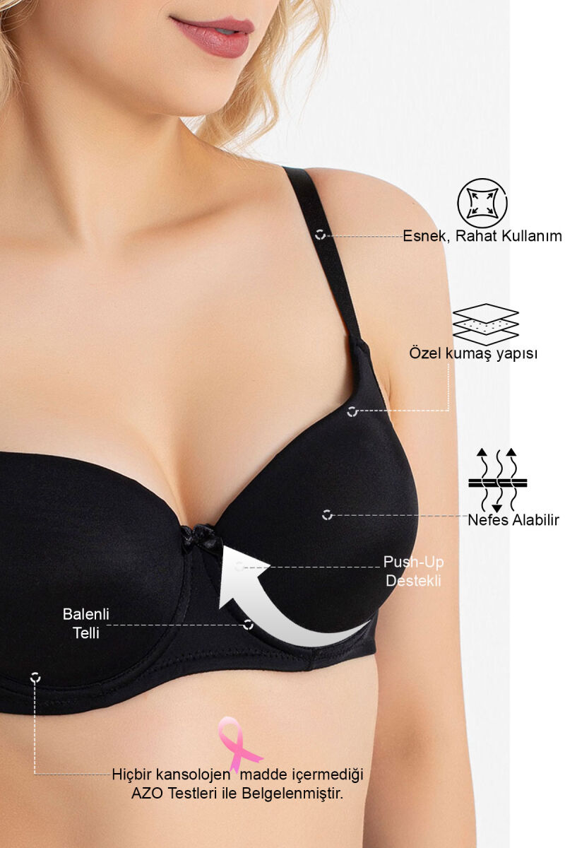 Dolgulu Sütyen Kadın Siyah Push up Balenli Süngerli Günlük Sporcu Kullanım Destekli Basic T-Shirt Sütyeni 3783 - 9