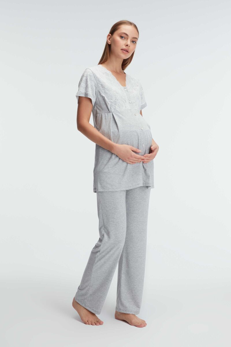 Anıl 11308 Kısa Kol V Yaka Kadın Polyester Elastan Yazlık Örme Dantel Detaylı Hamile Pijama Takımı - 4
