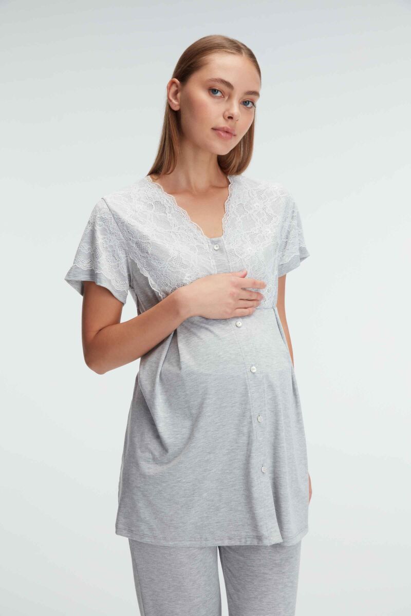 Anıl 11308 Kısa Kol V Yaka Kadın Polyester Elastan Yazlık Örme Dantel Detaylı Hamile Pijama Takımı - 5