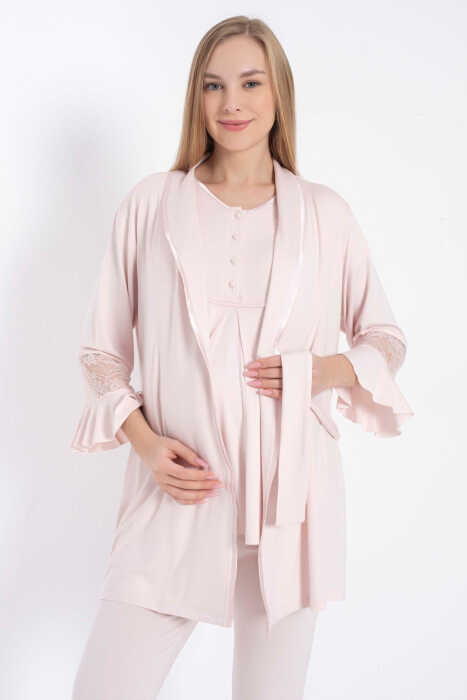 Anıl 11314 Kısa Kol Bisiklet Yaka Kadın Viskon Dantel Detaylı Hamile Pijama Takımı Sabahlık - 5