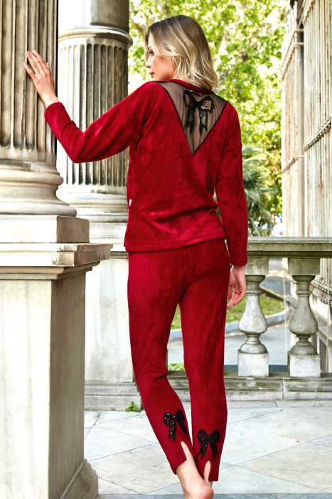Kadın Kadife Sırt Detaylı Uzun Kol Sweatshirt ve Paça Detaylı Pantolon Pijama Takım (9742) - 2