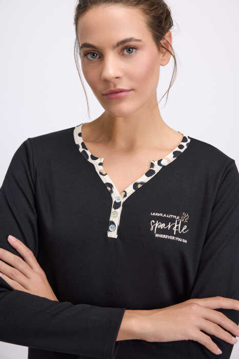 Anıl Kadın Uzun Kollu T-Shirt ve Pantolon Pijama Takımı – %100 Pamuk, Leopar Desen Detaylı 11549 - 2